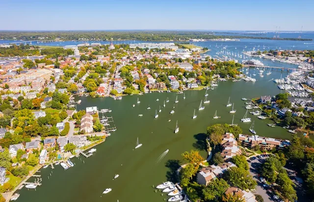 Aerial view of the Maryland harbor with ships and boats in Annapolis, Maryland, United States