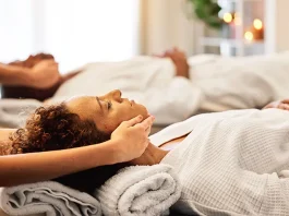 Head massage, couple and spa for zen and relax massage from a massage therapist in a spa