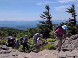 A group of hikers with backpacks and trekking poles navigating rocky terrain on a sunny day with lush green trees and a mountainous backdrop.