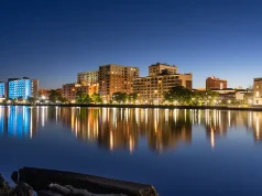 Things to Do with Kids in Wilmington NC Wilmington, North Carolina, USA downtown city skyline on the Cape Fear River at night.