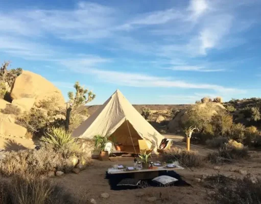 Luxurious Escape with these Over-the-Top Glamping Excursions Luxury canvas bell tent set up for glamping in a desert landscape with sparse vegetation, including Joshua trees and shrubs, under a clear blue sky. In front of the tent, there’s a laid out picnic with cushions and a low wooden table, creating a cozy and inviting outdoor living space.