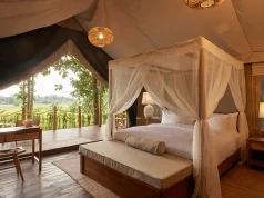 Unique Lux Tented Camp in Thailand Announces Summer Promotions Interior view of a luxurious canvas tent with a glamping setup. The room features a large canopy bed with white sheer curtains, flanked by two bedside tables with lamps. In the foreground, a wooden deck extends towards a safety railing, offering a view of lush greenery and trees in the daylight. The tent's ceiling has exposed wooden beams with hanging woven light fixtures, adding to the rustic yet elegant ambiance.