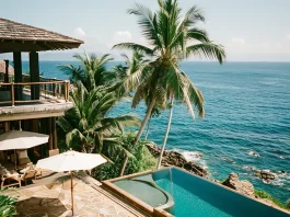 Seaside luxury villa with an infinity pool overlooking the ocean. The villa is built with natural materials and features a thatched roof and a spacious balcony with a railing. Several palm trees sway in the breeze, framing the view of the clear blue sea and sky. Poolside, there are loungers and umbrellas on the stone deck, providing a relaxing spot for enjoying the panoramic seascape.