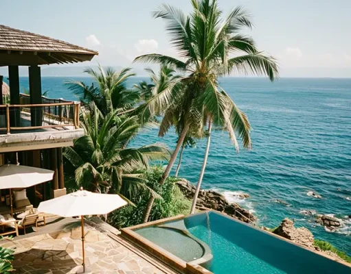 How to Buy Property in Your Dream Travel Destination Seaside luxury villa with an infinity pool overlooking the ocean. The villa is built with natural materials and features a thatched roof and a spacious balcony with a railing. Several palm trees sway in the breeze, framing the view of the clear blue sea and sky. Poolside, there are loungers and umbrellas on the stone deck, providing a relaxing spot for enjoying the panoramic seascape.