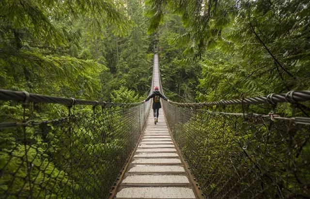 Woman on suspension bridge, North Vancouver, British Columbia, Canada