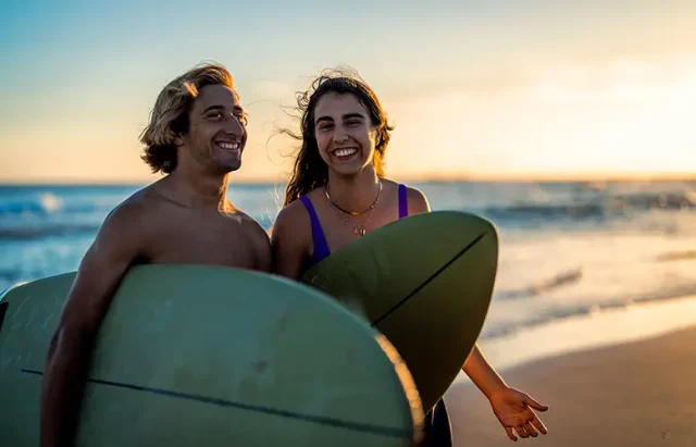 Two surfers prepares to hit the waves as they standing on the beach with their surfboards.