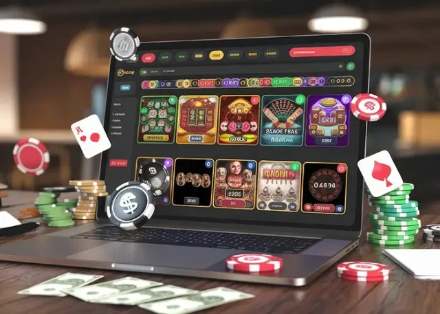 online-casino-concept-laptop-money-chips-poker-roulette-blackjack-machines-slots-3d-rendering-3d-il copy