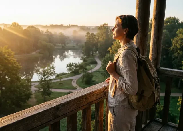 Traveler enjoying morning sunlight copy