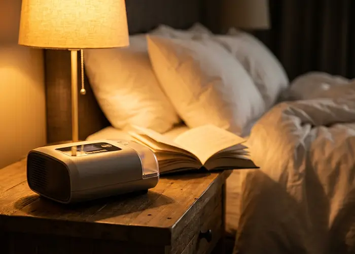 a cozy bedroom setup with cpap device on nightstand.