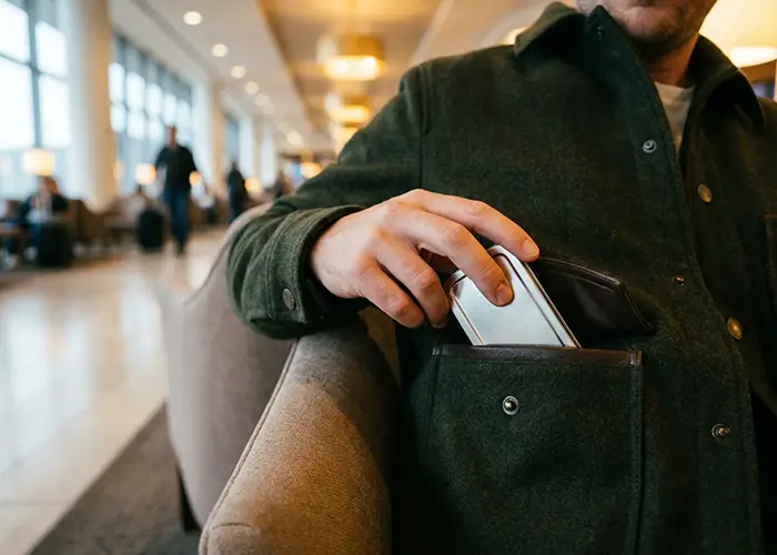a person placing a phone in their pocket