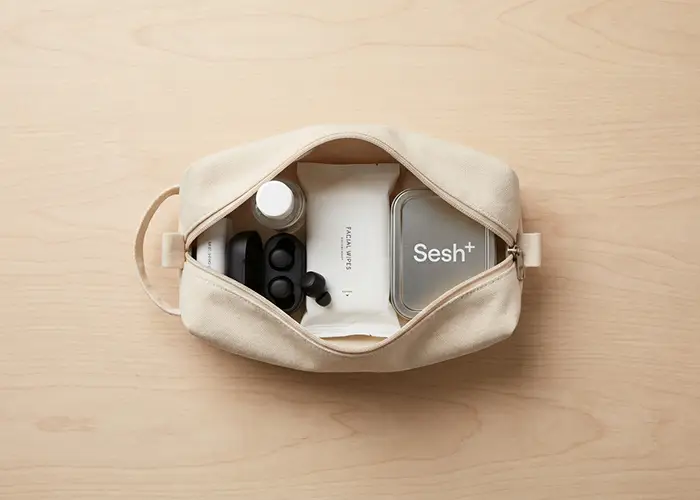 canvas toiletry bag with organized travel essentials.