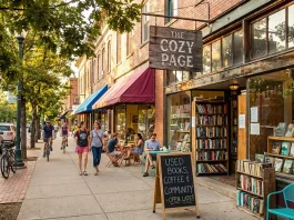 A charming bookstore with outdoor seating and a welcoming sign.