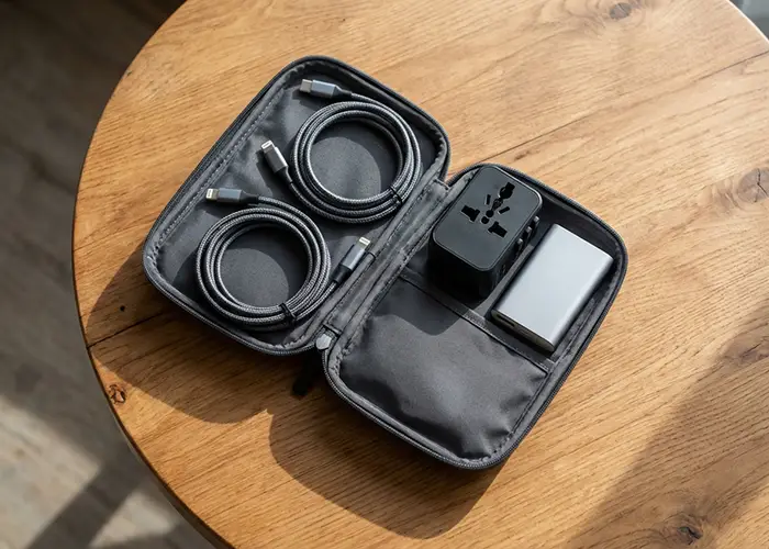 Compact travel tech organizer filled with essential cables and chargers