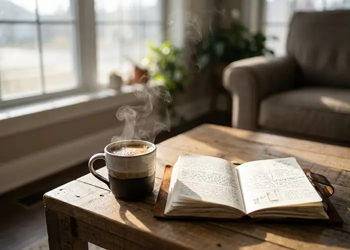 cozy scene with coffee cup and open book on table