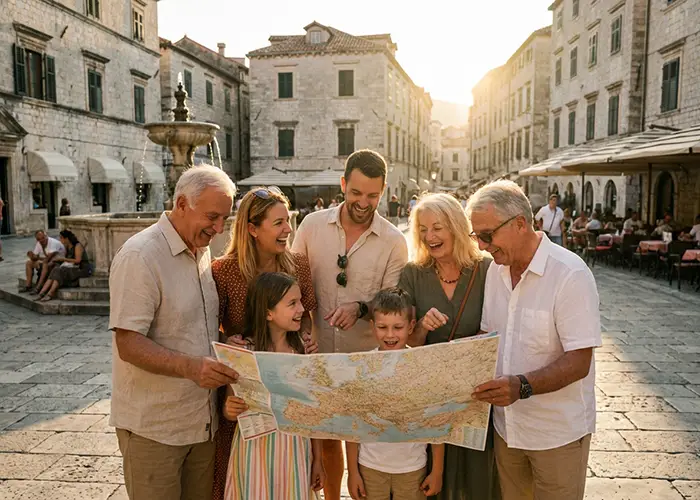 family enjoying a map in a european square