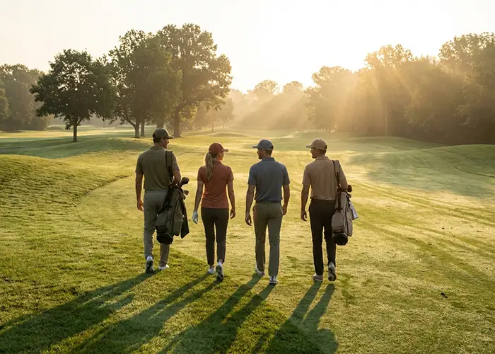 four golfers walk on a sunlit course carrying clubs.