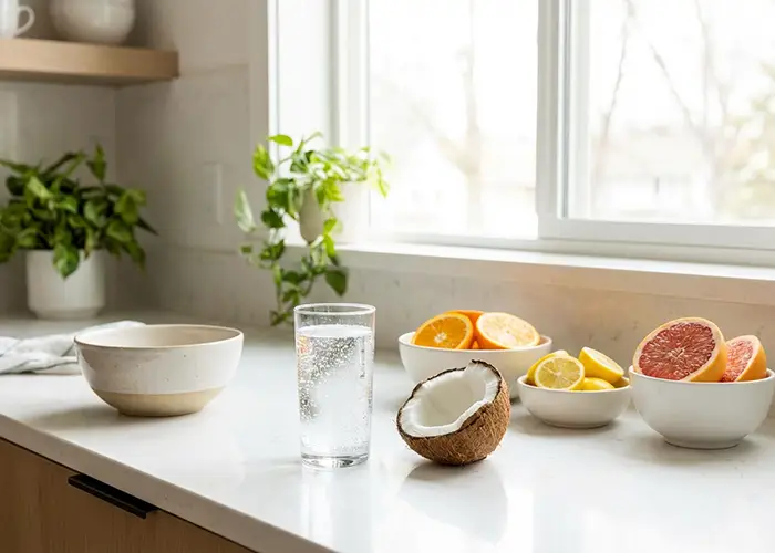 fresh citrus fruits and a glass of water on kitchen counter.