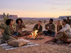5 Simple Ways To Make Every Trip Unforgettable Group enjoying sunset campfire in desert setting.