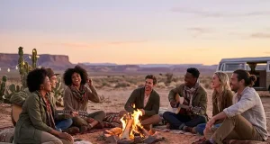 5 Simple Ways To Make Every Trip Unforgettable Group enjoying sunset campfire in desert setting.