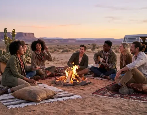 5 Simple Ways To Make Every Trip Unforgettable Group enjoying sunset campfire in desert setting.
