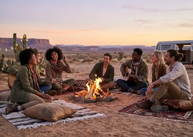 Group enjoying sunset campfire in desert setting.