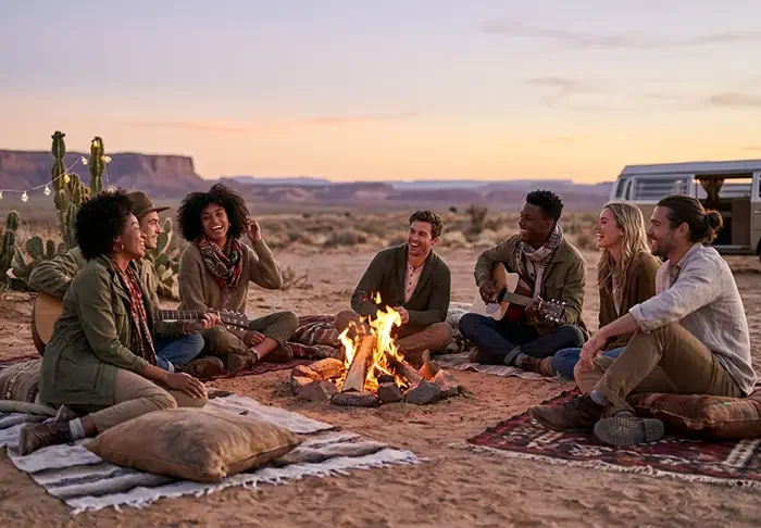 Group enjoying sunset campfire in desert setting.