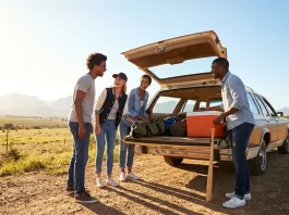 A diverse group preparing for a road trip with their car.