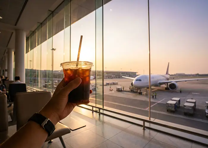 hand holding iced coffee by airport window during sunset.