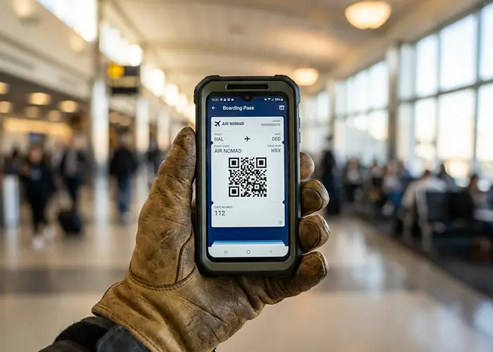 Hand holding smartphone with digital boarding pass in bustling airport