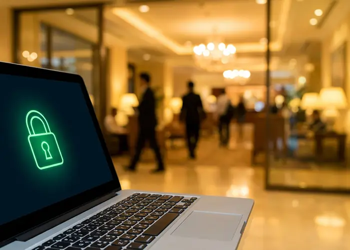 Laptop displaying secure padlock icon in a busy hotel lobby