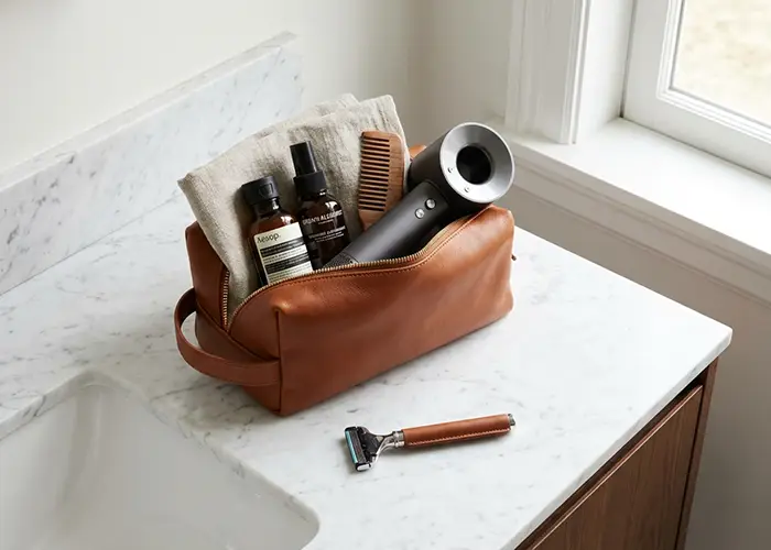 leather toiletry bag with grooming essentials on marble counter