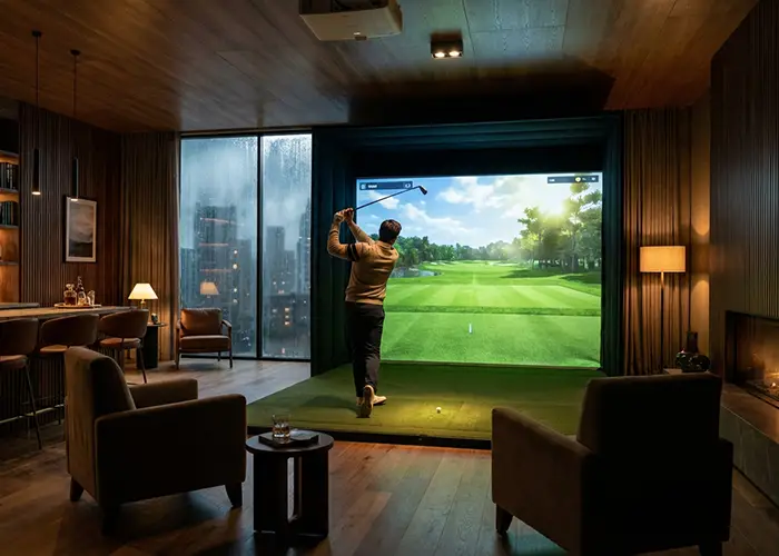 A man is playing golf on a virtual simulator in a cozy room.