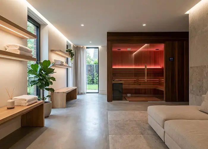 modern sauna area with seating and greenery