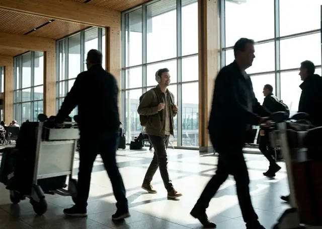 People walking in an airport terminal with large windows.