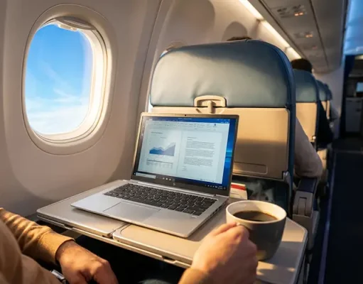 5 Work Travel Essentials for Staying Productive Anywhere Person working on a reliable laptop with coffee in airplane