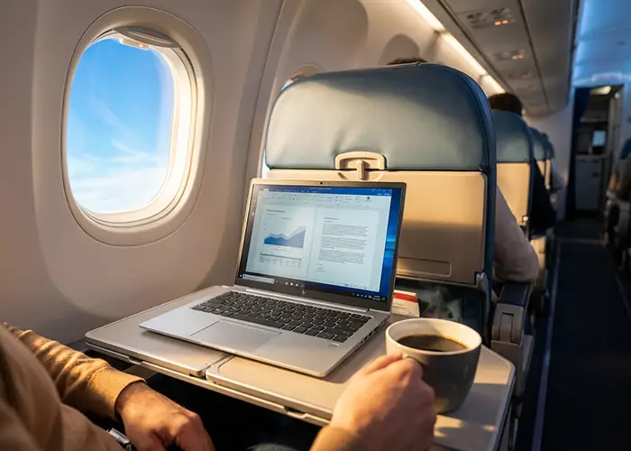 Person working on a reliable laptop with coffee in airplane