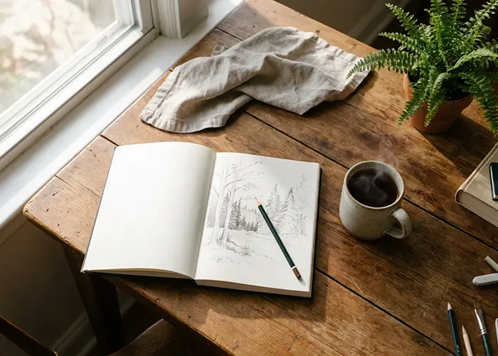 sketchbook with forest drawing beside coffee mug on table.