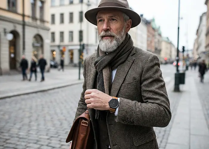 stylish gentleman in city setting with hat and briefcase