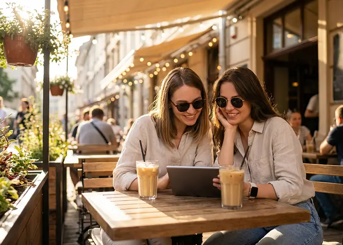 Two women enjoy coffee and a tablet outdoors smiling.