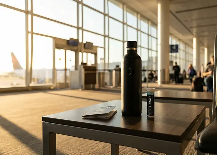 water bottle and passport on airport table morning light.
