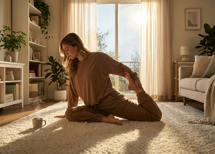 woman practicing yoga in sunlit living-room