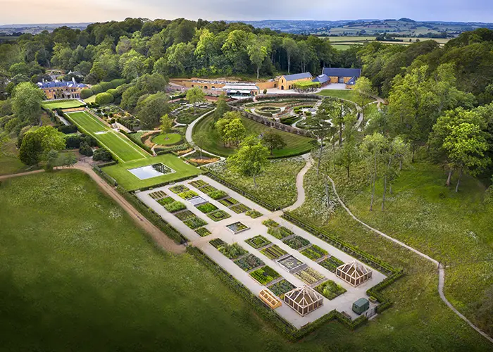 Formal gardens and apple orchards at The Newt in Somerset, England