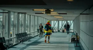 The First Ten Minutes: Why Connectivity Now Defines a Seamless Arrival a man walking down a long airport hallway with lots of windows