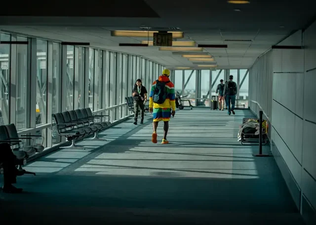 a man walking down a long airport hallway with lots of windows