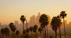 How to Spend a Day Exploring Los Angeles Before Hotel Check-In Los Angeles skyline at golden hour.