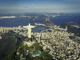 Rio De Janeiro, Brazil : Aerial View Of Christ And Botafogo Bay From High Angle