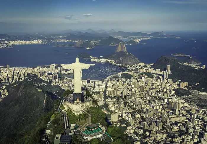 Rio De Janeiro, Brazil : Aerial View Of Christ And Botafogo Bay From High Angle