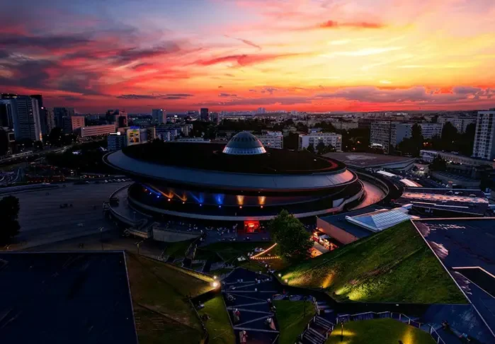 aerial view of Spodek arena and the Culture Zone in Katowice, Poland
