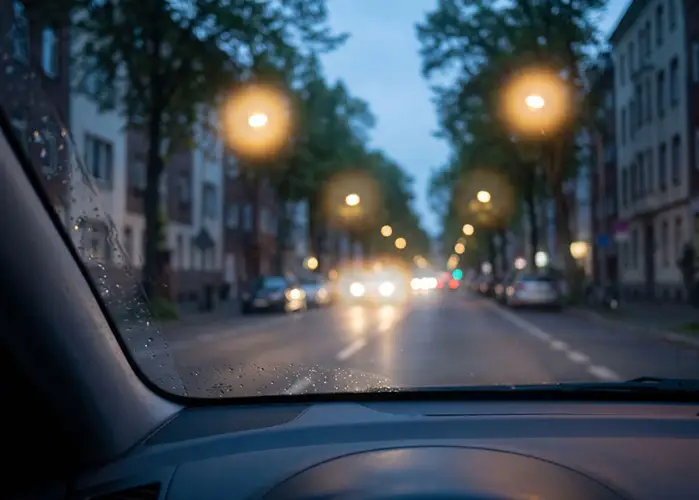 Blurry street at dusk with glare and halos around streetlights and headlights