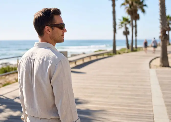 Man wearing wraparound sunglasses on a sunny seaside boardwalk